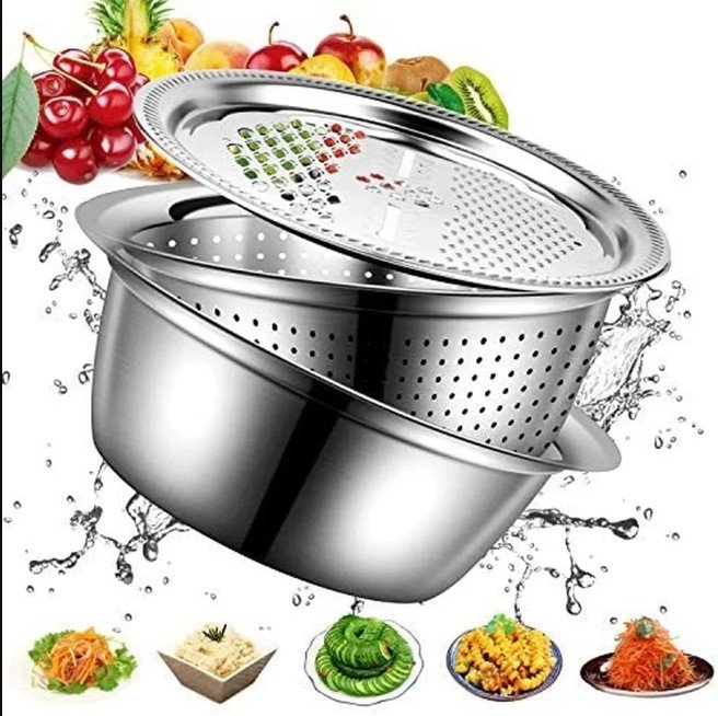 3 in 1 Stainless Steel Drain Basket Vegetable Cutter, For Kitchen